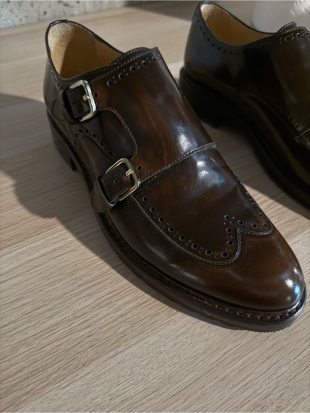 Angela Scott Women's Double Monk Wingtip Loafers in Brown Leather - Picture 6 of 7